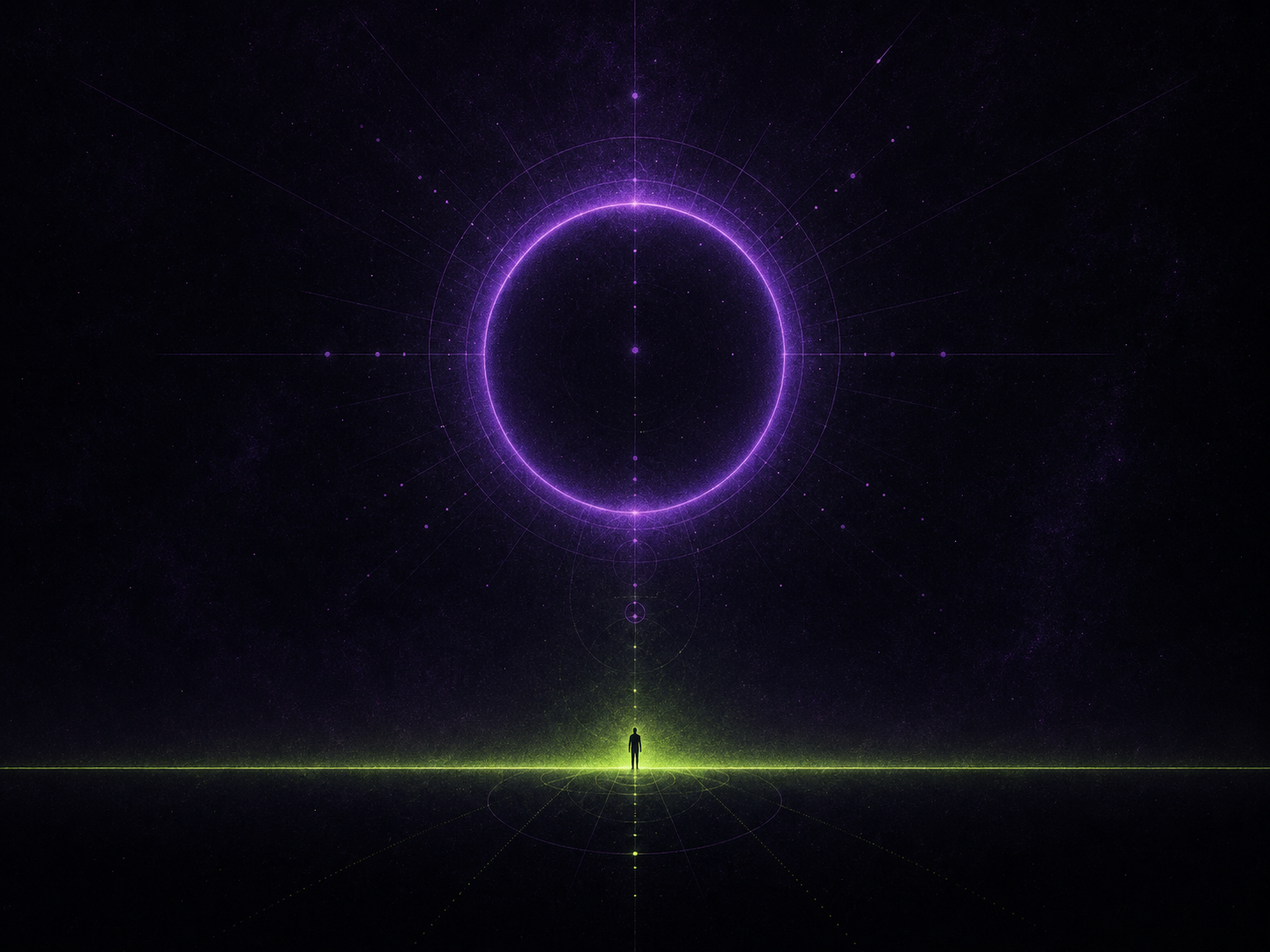 A figure at a luminous threshold beneath a violet halo